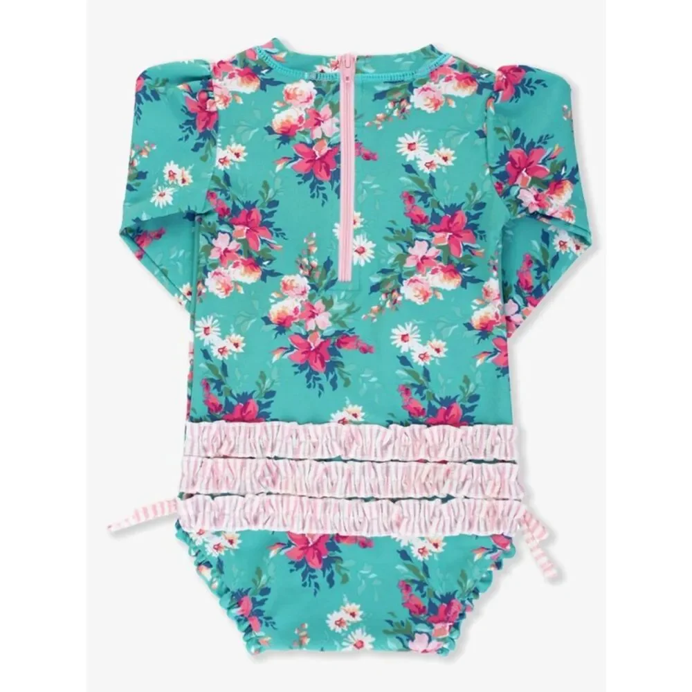 RuffleButts green and pink floral back zipper rash guard one piece swim 6-2 m